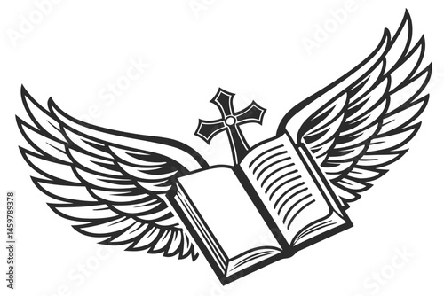 3 Religious symbolism, open book with wings, Christian cross, black and white illustration, minimalist design, spiritual imagery, symmetrical composition, divine knowledge, faith and enlightenment, ic