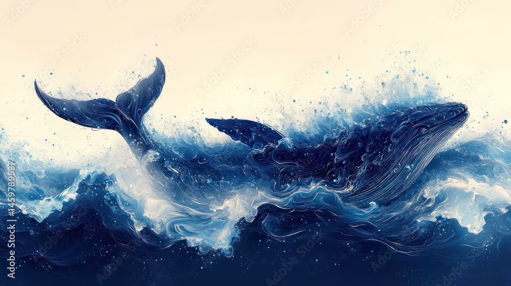 Fototapeta premium Majestic whale leaps through ethereal ocean waves. Fluid, abstract design