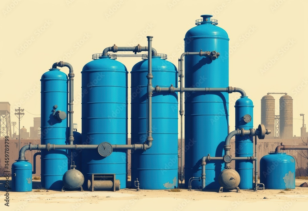 Obraz premium Industrial blue tanks and pipes in a factory setting