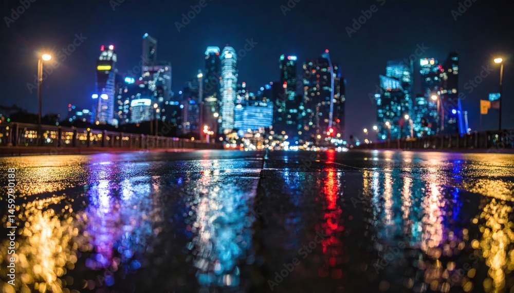 Fototapeta premium Vibrant night cityscape reflections singapore photography urban low angle light and color dynamics