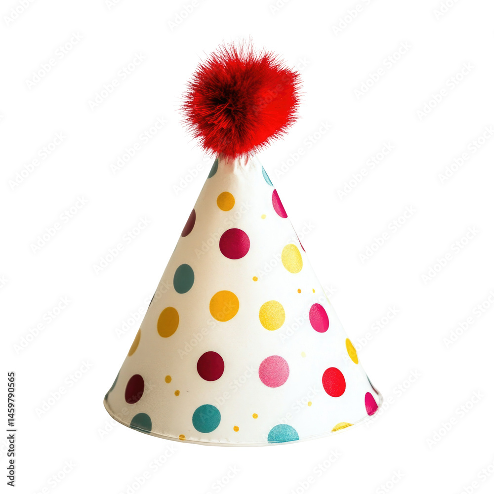 Festive Polka Dot Party Hat With Red Pom isolated on a transparent background Festive Polka Dot Party Hat With Red Pom isolated on a transparent background