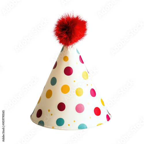 Festive Polka Dot Party Hat With Red Pom  isolated on a transparent background