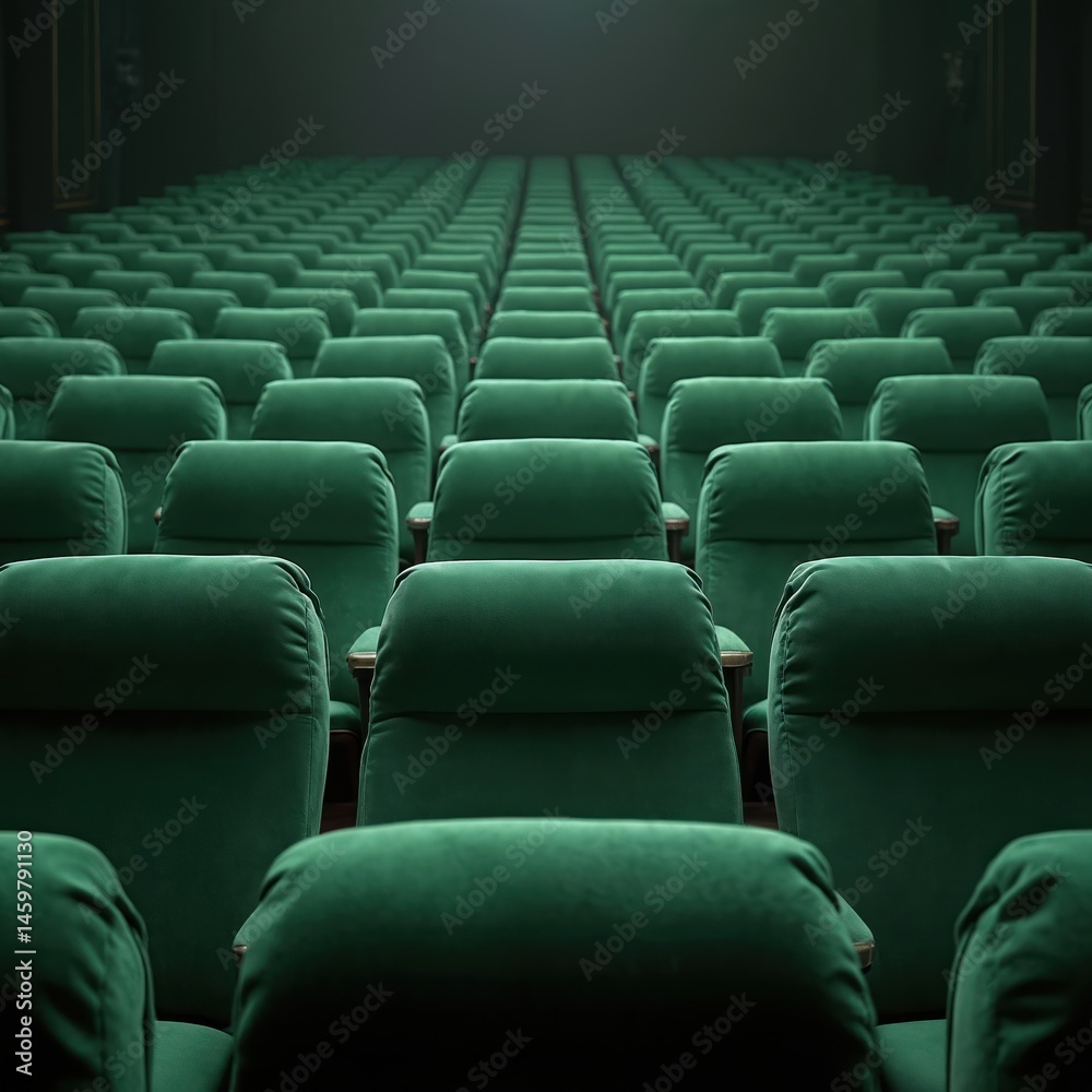 Obraz premium Rows of luxurious green velvet theater seats in classic cinema interior. Symmetrical arrangement creates sense of order, anticipation. Empty seats ready for audience, movie premiere, film festival.