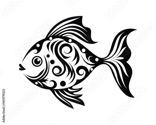 Decorative carp illustration, intricate swirl design, monochrome fish on a white background