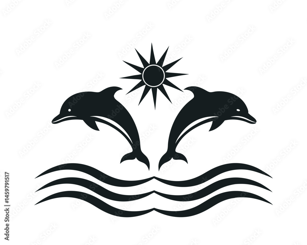 Naklejka premium Two dolphins with sun and ornate waves decorative marine silhouette on a white background
