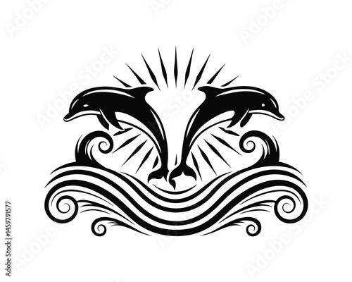 Two dolphins with sun and ornate waves decorative marine silhouette on a white background