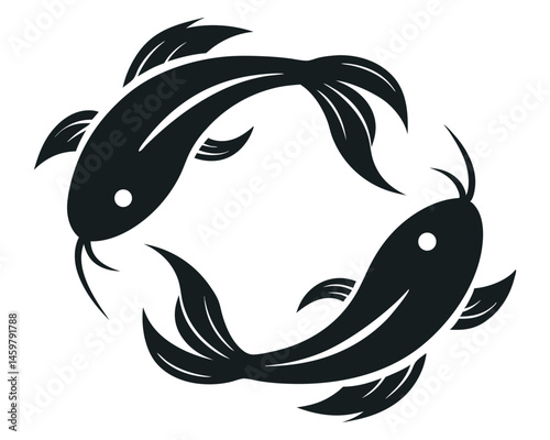 Two koi fish circle, yin yang symbol, black carp graphic design on a white background