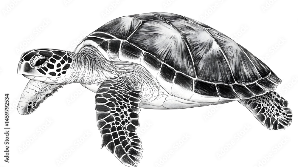 Fototapeta premium Detailed grayscale illustration of a sea turtle.