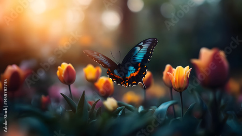 A butterfly with colorful wings flying over a vibrant bed of tulips in a peaceful garden.