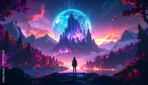 Ethereal Majesty: A Solitary Figure Gazing at a Crystal Castle Under a Giant Luminous Moon in a Vibrant Fantasy Landscape - A Dreamlike Scene of Wonder and Mystical Exploration.