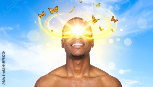 Radiant Smile with Butterflies: A Man Looking Upward with Hope and Freedom