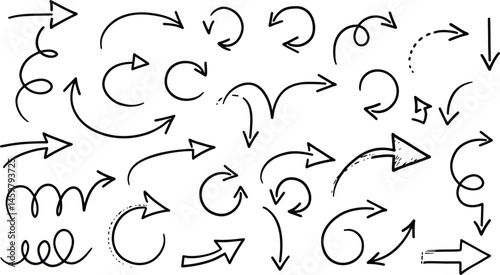 Black Hand-Drawn Arrow Set,Collection of Black Doodle Arrows,Various Sketchy Black Arrows Isolated,Handwritten Black Arrow Elements for Design on Transparent AI Generative