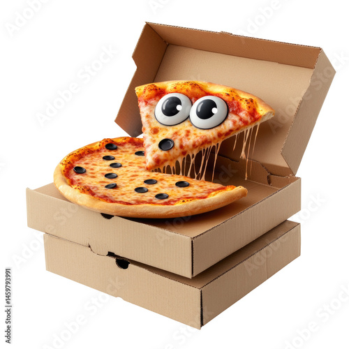 Playful Stack Of Pizza Boxes With One Open  isolated on a transparent background