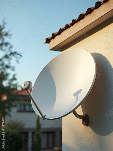 Satellite dish attached to the wall of the house