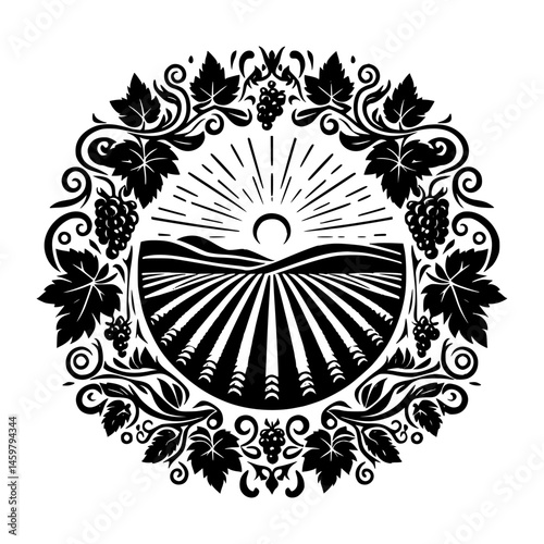 Elegant Winery Emblem: Vineyards, Grapes, & Sun in Black & White