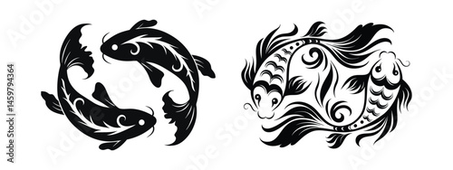 Pair of stylized koi carp, harmony and balance logo element on a white background