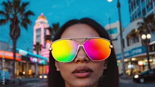 Futuristic neon sunglasses reflecting a glowing Miami neon skyline and palm trees, vibrant fashion shoot, dynamic camera movement, colorful summer night atmosphere, cinematic lens flares