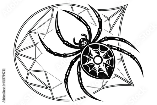 4 Dark gothic spider silhouette, geometric web pattern, symmetrical design, black and white illustration, intricate linework, arachnid tattoo concept, mystical occult symbolism, minimalist horror aest