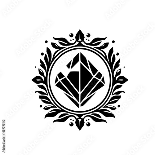 Elegant Black & White Diamond Logo with Floral Frame