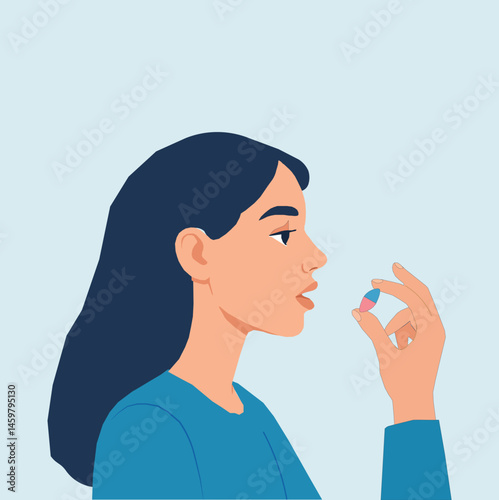Illustration of Woman Taking Pill for Health or Medication Concept