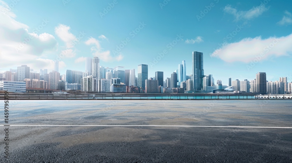 Panoramic empty asphalt road with buildings skyline against blue sky background. Generated AI image Panoramic empty asphalt road with buildings skyline against blue sky background. Generated AI image