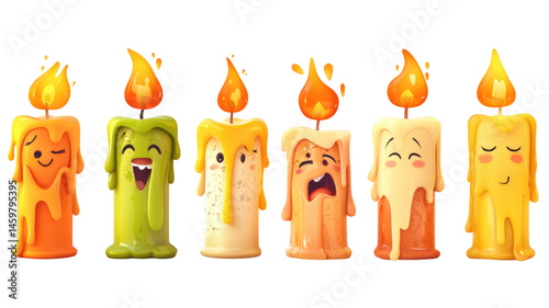 Set Of Cartoon Candles With Melting Wax And  isolated on a transparent backgroun