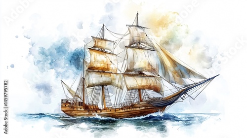 Creative Watercolor Illustration of Wooden Sailing Ship on Water