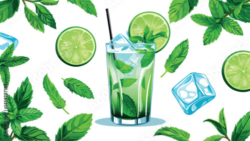 Mojito cocktail vector illustration with summer ingredients