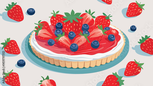 Summer strawberry tart vector illustration in flat style