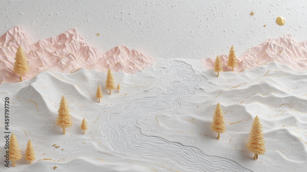 Embossed stucco molding on a concrete wall depicting Japanese scenery