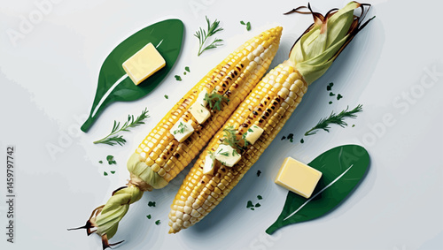Vector of grilled corn on the cob with summer toppings