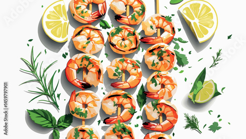 Grilled shrimp kebabs vector in summer flat food style