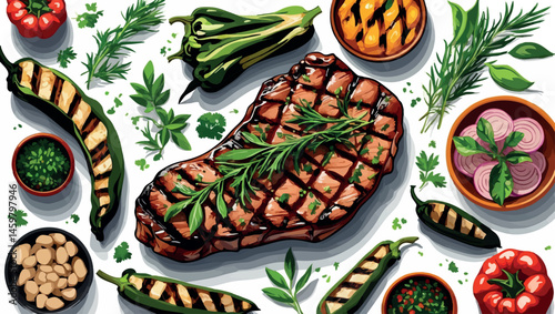 Summer grilled steak vector illustration in BBQ flat style