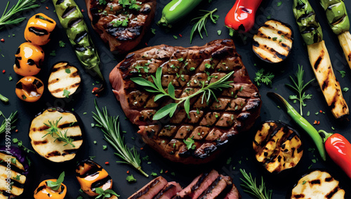 Summer grilled steak vector illustration in BBQ flat style