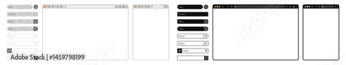 Website mockup template featuring frames for PC, laptop, tablet, and mobile with a search bar. Includes light, dark, and night modes. Vector illustration for UI and web design mockups.