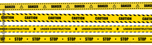 Warning caution sign with black and yellow stripes in seamless pattern, perfect for safety zones, construction, and hazard signs. Includes editable vector brushes for design use.