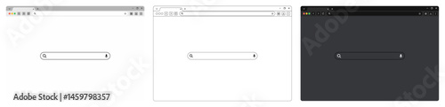 Browser window mockup with website frame in outline stroke and fill style, including PC, laptop, mobile, and tablet views with light, dark, and night themes. Vector UI design illustration.