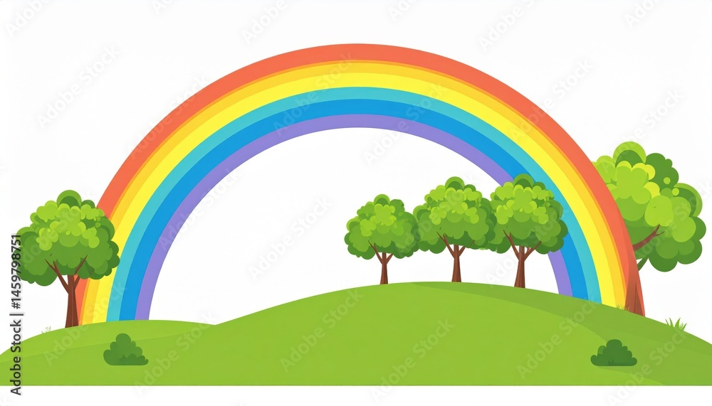 Obraz premium Nature scene featuring a vibrant rainbow over lush green hills and trees serene landscape illustration bright and colorful environment