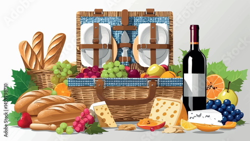 Summer picnic basket with snacks and wine flat vector style