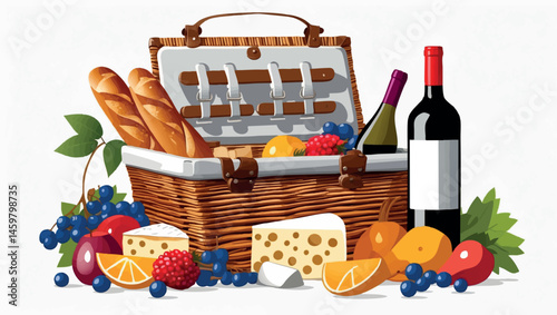 Summer picnic basket with snacks and wine flat vector style