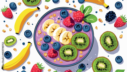 Healthy summer smoothie bowl vector illustration in flat style