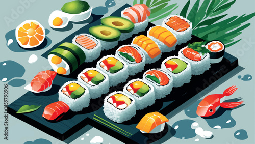 Summer sushi rolls vector with tropical ingredients flat style