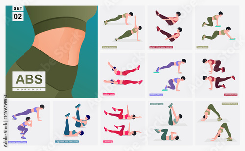 Abs Workout Set. Women doing fitness and yoga exercises.