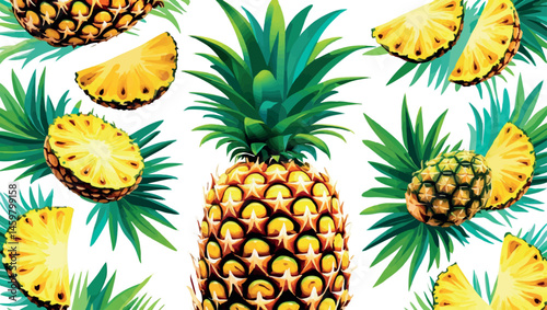 Pineapple fruit and slices vector illustration summer design