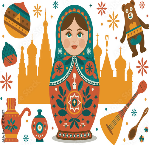 whimsical, colorful Russian doll, intricate patterns, traditional folk art, vibrant colors, ornate design, nested dolls, matryoshka, ethnic symbols, iconic cultural imagery, illustrated elements,