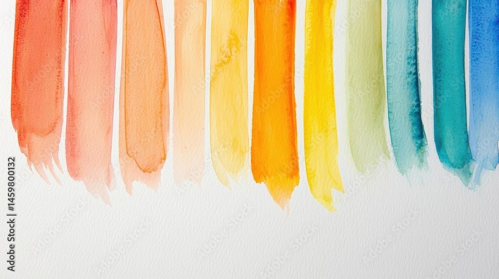 Fototapeta premium Watercolor painting with a white background. there are nine vertical lines of different colors arranged in a diagonal pattern.