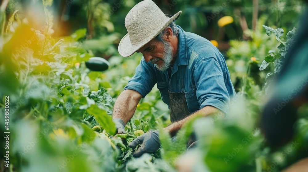 Fototapeta premium Elderly Farmer Harvesting Fresh Vegetables in Sustainable Garden