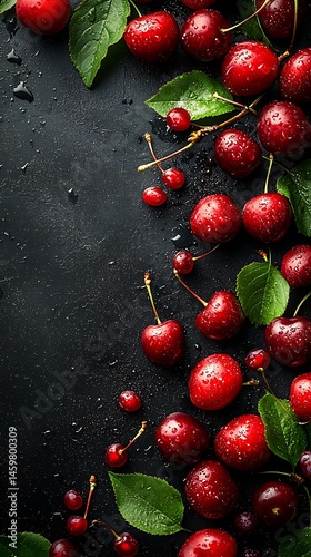 Ripe cherries and leaves on dark background