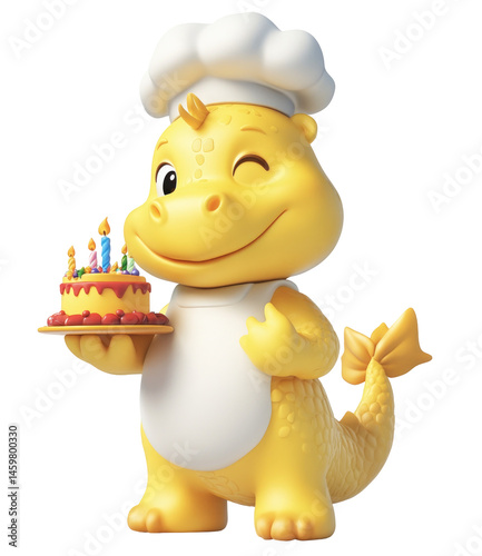 Yellow Dragon Wearing Chefs Hat And Holding  isolated on a transparent backgroun