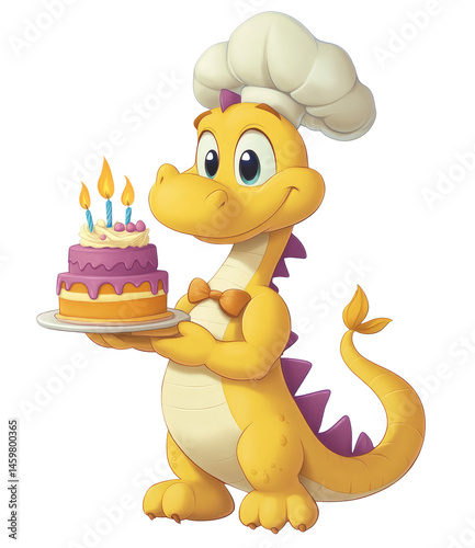 Yellow Dragon Wearing Chefs Hat And Holding  isolated on a transparent backgroun